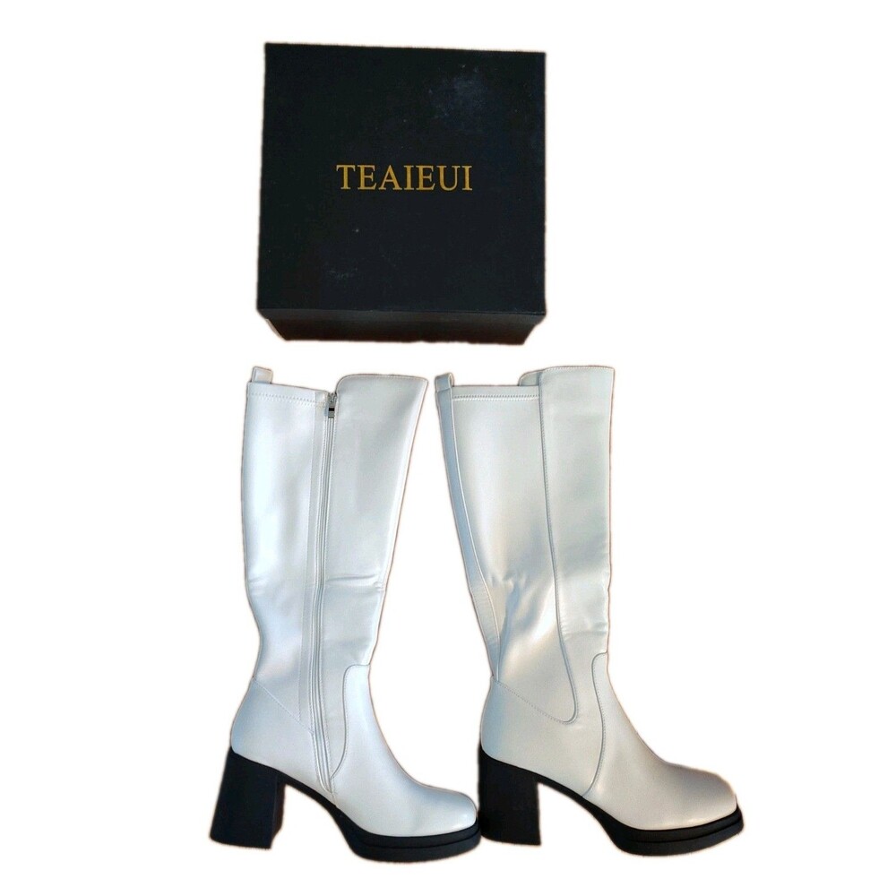 TEAIEUI White Knee High Boots Women Size 11 Platform Chunky Block High Heel New